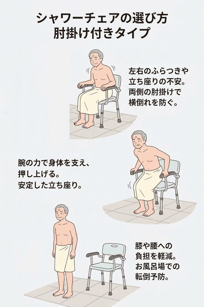シャワーチェアの選び方
肘掛け付きタイプ
左右へのふらつきが気になる方や、立ち座りに不安がある方におすすめのタイプです。

片麻痺がある方や、体幹のバランスをとるのが難しい方でも、両側に肘掛けがあることで「横への転倒」を防いでくれます。

また、立ち座りの際に、腕の力で体を支えられることができます。
足腰の力だけで立ち上がろうとするとバランスを崩しやすいですが、手すりを握って体を押し上げることで、安定した立ち座りができるようになります。
膝や腰への負担も減らせるため、お風呂場での転倒予防に効果的です。