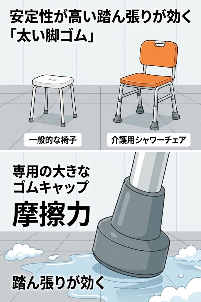 シャワーチェアの安定性　高い踏ん張りが効く「太い脚ゴム」
お風呂場は、石鹸やシャンプーの泡で滑りやすい環境です。
とくに立ち座りや、体を洗うために姿勢を変えた時、椅子が滑ってしまうと事故に直結します。
介護用のシャワーチェアは、ホームセンター等で売られている一般的なお風呂椅子とは異なり、脚の先端に摩擦力が高く接地面が広い、専用の大きなゴムキャップが付いています。
体重をかけた時に床に吸い付いて踏ん張りが効くように設計されているため、脚ゴムが太くしっかりしているものを選びましょう。