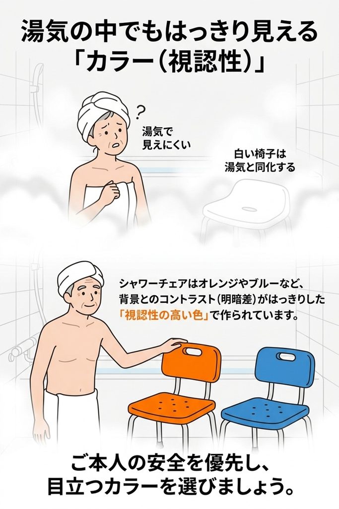 シャワーチェア　湯気の中でもはっきり見える「カラー（視認性）」
見落とされがちなポイントが「椅子の色」です。
ご高齢になると、視力の低下などの影響により、全体が黄色がかって見えたり、白や薄い色の区別がつきにくくなったりします。
湯気が立ち込めるお風呂場で、白い浴槽や床に「白い椅子」を置いてしまうと、椅子の位置を正確に把握できず、転倒してしまう危険性が高くなります。

これを防ぐために、シャワーチェアはオレンジやブルーなど、背景とのコントラスト（明暗差）がはっきりした「視認性の高い色」で作られています。
ご本人の安全を優先し、目立つカラーを選びましょう。