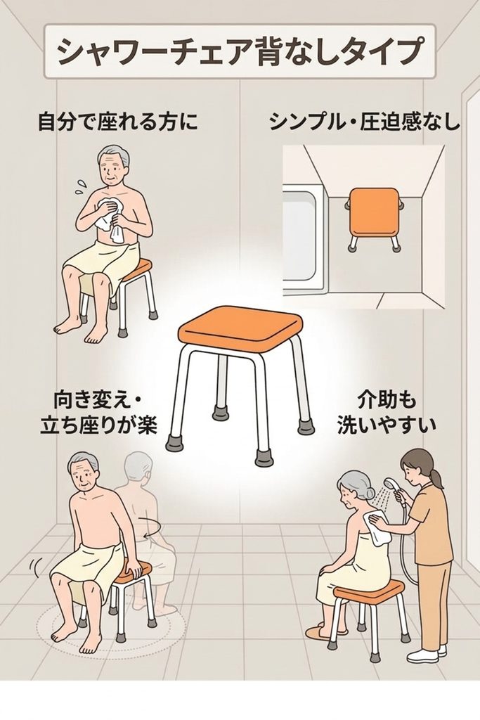 シャワーチェアの選び方
背なしタイプ
ご自身でしっかりと座る姿勢を保てる方におすすめのタイプです。

座面のみのシンプルな構造のため、浴室内に置いても圧迫感がなく、向きを変えたり立ち上がったりする動作がスムーズに行えます。
また、背もたれがないため、ご自身で体を洗う時はもちろん、ご家族が介助で背中などを洗いやすいというメリットがあります。
