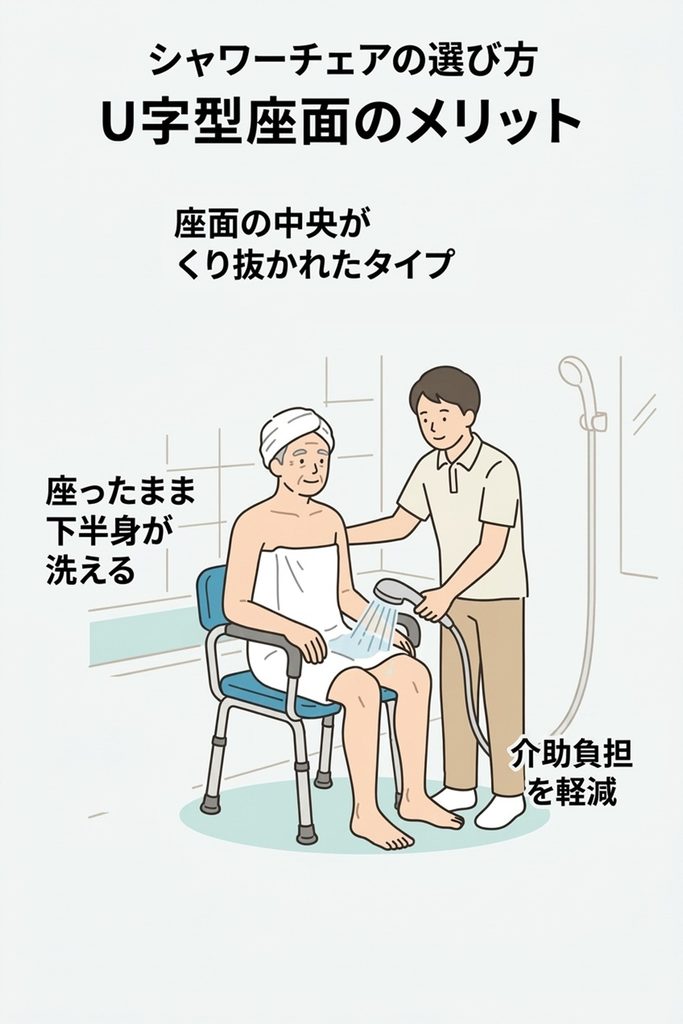 シャワーチェアの選び方
転倒リスクを防ぎ、介助負担を大きく減らす「U字型座面」
座面の中央が「U字（またはコの字）」に大きくくり抜かれているタイプです。
入浴介助で気を使わなければならないのが、デリケートゾーン（陰部や臀部）を洗う場面です。
通常の椅子の場合、洗うために少しお尻を浮かせたり、立ち上がって手すりに掴まってもらう必要がありますが、濡れた床ではこの「立ち上がり動作」が転倒リスクを高めます。
U字型であれば、ご本人が座ったままの安定した姿勢で、下からシャワーを当てて洗うことができます。
介助者が片手で体を支えながら洗うといった、介助の負担を軽減します。
