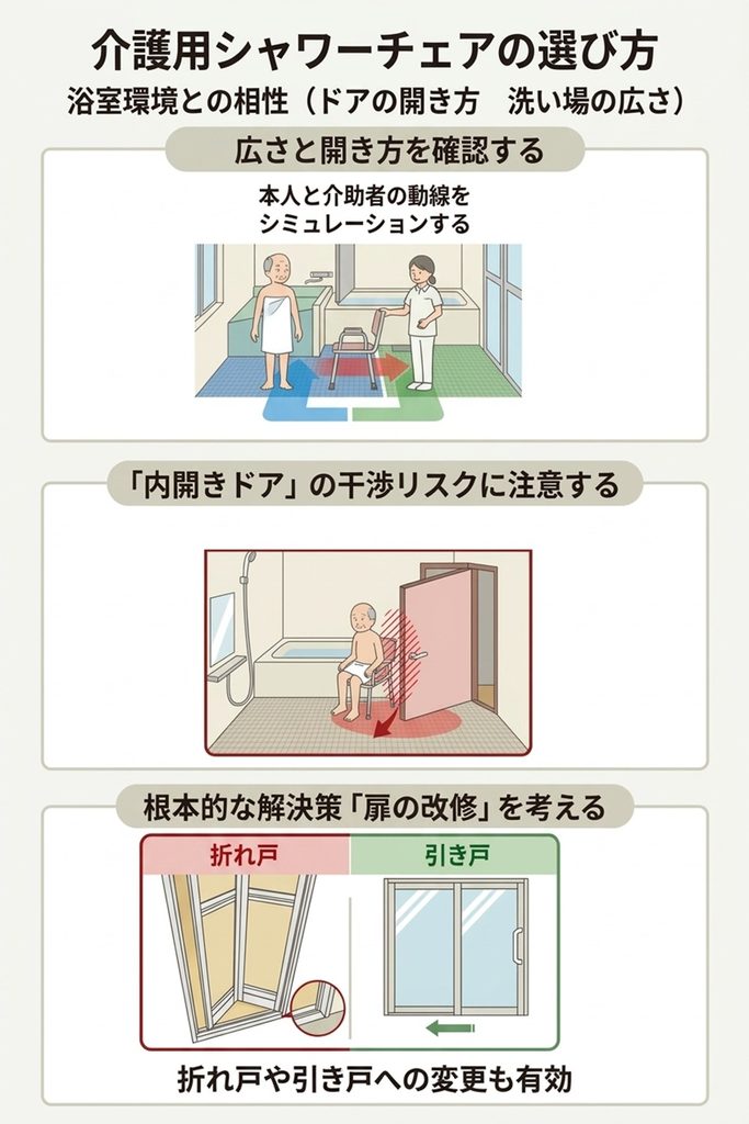 介護用シャワーチェアの選び方
浴室環境との相性（ドアの開き方・洗い場の広さ）
シャワーチェアを選定する時に見落としがちなのが、ご自宅の「お風呂の広さ」と「ドアの開き方」です。
カタログでシャワーチェアの寸法を見るだけでなく、実際に浴室に置いたときの「動線」を意識することが重要になります。
シャワーチェアを置いた状態で、ご本人がスムーズに洗い場まで移動できるか、ご家族が体を洗う介助のために横や後ろに立つスペースが確保されているかを確認してください。

とくに注意が必要なのが「内開きドア」の浴室です。
内側に開くドアの場合、シャワーチェアがドアの開閉軌道に干渉してしまい、出入りが困難になるケースがよくあります。
最も危険なのは、万が一洗い場で転倒してしまった際のリスクです。
倒れた体や椅子がストッパーになり、外からドアが開けられず救助が遅れてしまう恐れがあります。

購入前には、椅子を置いた状態での開閉シミュレーションを必ず行いましょう。
また、根本的な安全対策やスペース確保のために、浴室の扉を「折れ戸」や「引き戸」に改修するのも有効な解決策です。