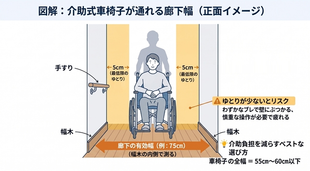 狭い廊下を通る介助式コンパクト車椅子の必要な幅を示す図解