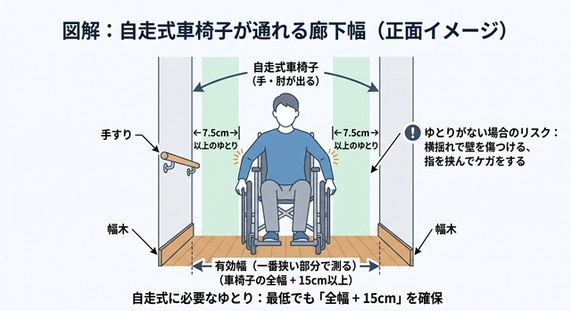 狭い廊下を通る自走式コンパクト車椅子の必要な幅を示す図解