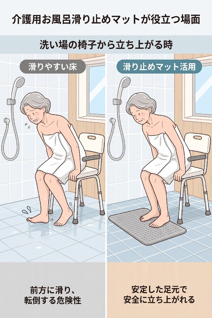 介護用お風呂滑り止めマットが役立つ場面
洗い場の椅子から立ち上がる時
洗い場の椅子から立ち上がる動作は、前かがみで踏ん張る必要があります。
床が滑りやすい状態だと、前方に滑ってしまい、転倒する危険性が高まります。
滑り止めマットを活用することで、安全立ち上がり動作をサポートします。