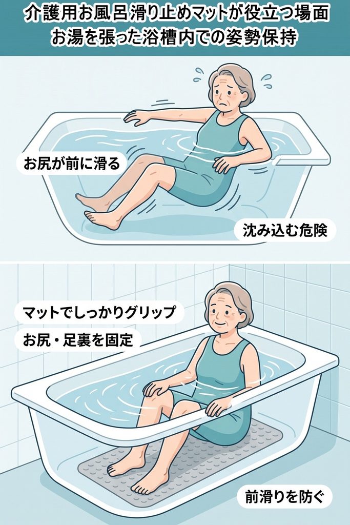 介護用お風呂滑り止めマットが役立つ場面
③お湯を張った浴槽内での姿勢保持
お湯を張った浴槽内では、浮力によって体が軽くなるため、姿勢を保つのが難しくなります。
浴槽の底でお尻が前に滑り、体勢が崩れてお湯の中に沈み込んでしまう危険性があります。
浴槽の底に滑り止めマットを敷くことで、お尻や足裏がしっかりとグリップされて前滑りを防ぎます。
湯船の中で「滑るかもしれない」という心配がなくなるため、安全かつリラックスして温まることができます。