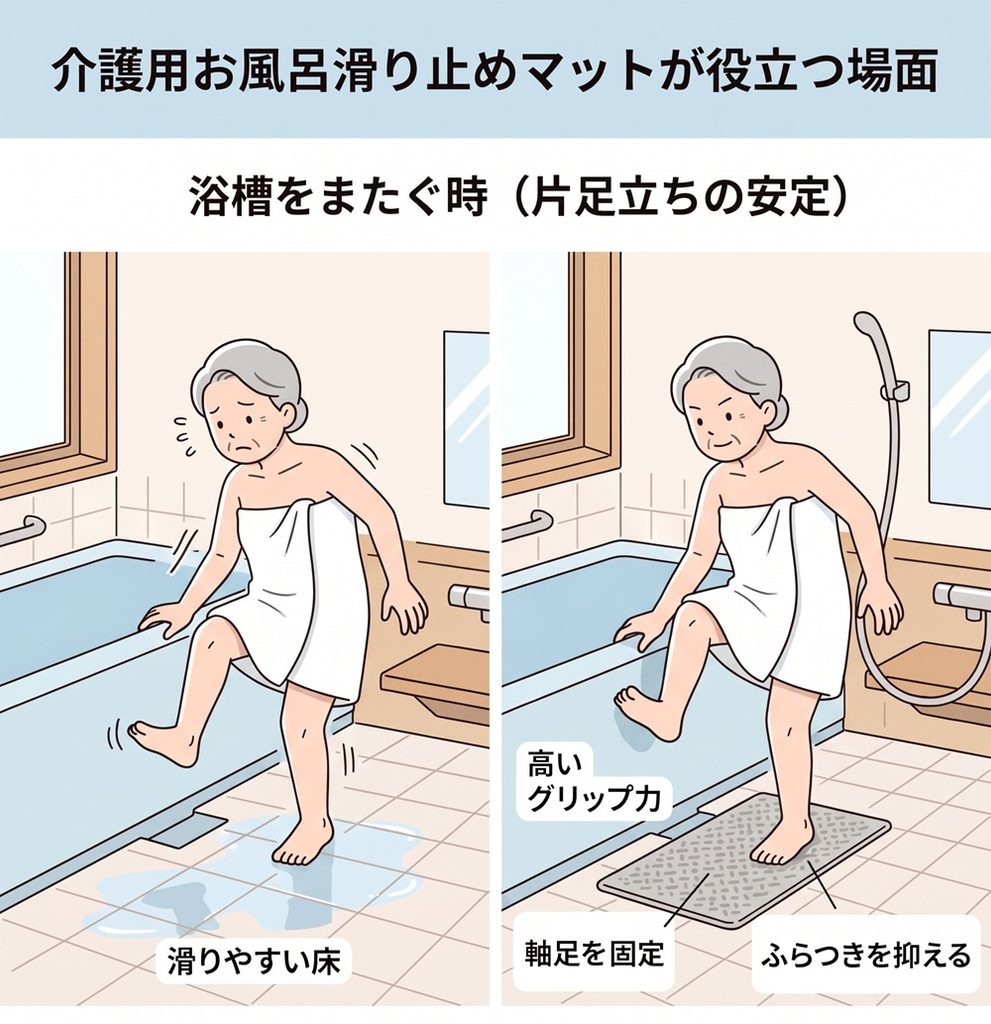 介護用お風呂滑り止めマットが役立つ場面
浴槽をまたぐ時(片足立ちの安定)