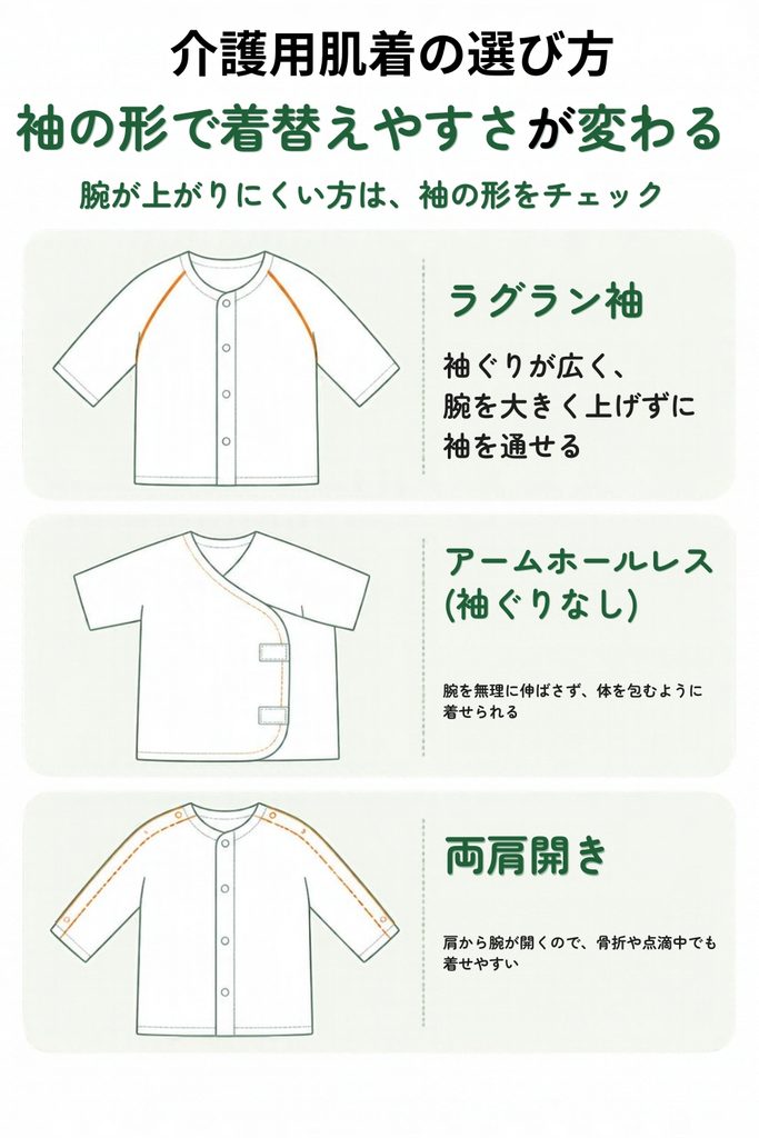 介護用肌着の袖の形、ラグラン袖・アームホールレス・両肩開きの違いを示した図