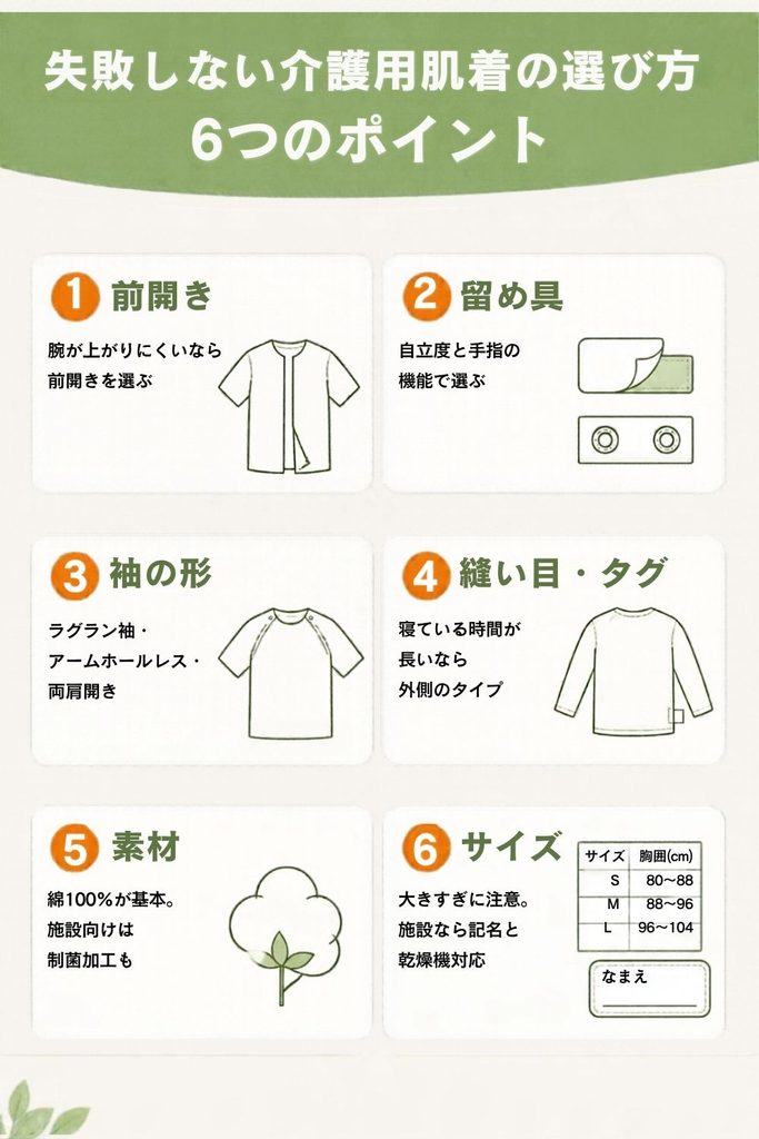 介護用肌着の選び方6つのポイント。①前開きが必要か、②留め具、③袖の形、④縫い目・タグ、⑤素材、⑥サイズを一覧にした図解