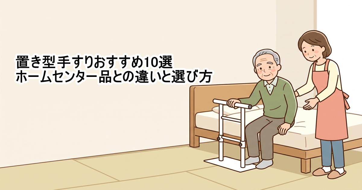 置き型手すりは、床に置くだけで使える手すりです。 壁に穴をあけずに置けるので、立ち上がりがつらくなってきた方や、賃貸で壁に手すりを付けられない方に役立ちます。 福祉用具専門相談員としての仕事でも、ベッドや布団からの立ち座り・起き上がりが大変なときや、ソファーから立ち上がるとき、壁から離れた広い部屋で移動の支えがほしいときに、置き型手すりを提案しています。 ただし、通販では手頃なものから高価なものまで種類が多く、どれを選べばいいのか迷いやすい商品です。 この記事では、ホームセンターや通販の安い手すりとの違い、失敗しない選び方、タイプ別のおすすめ10製品をご紹介します。